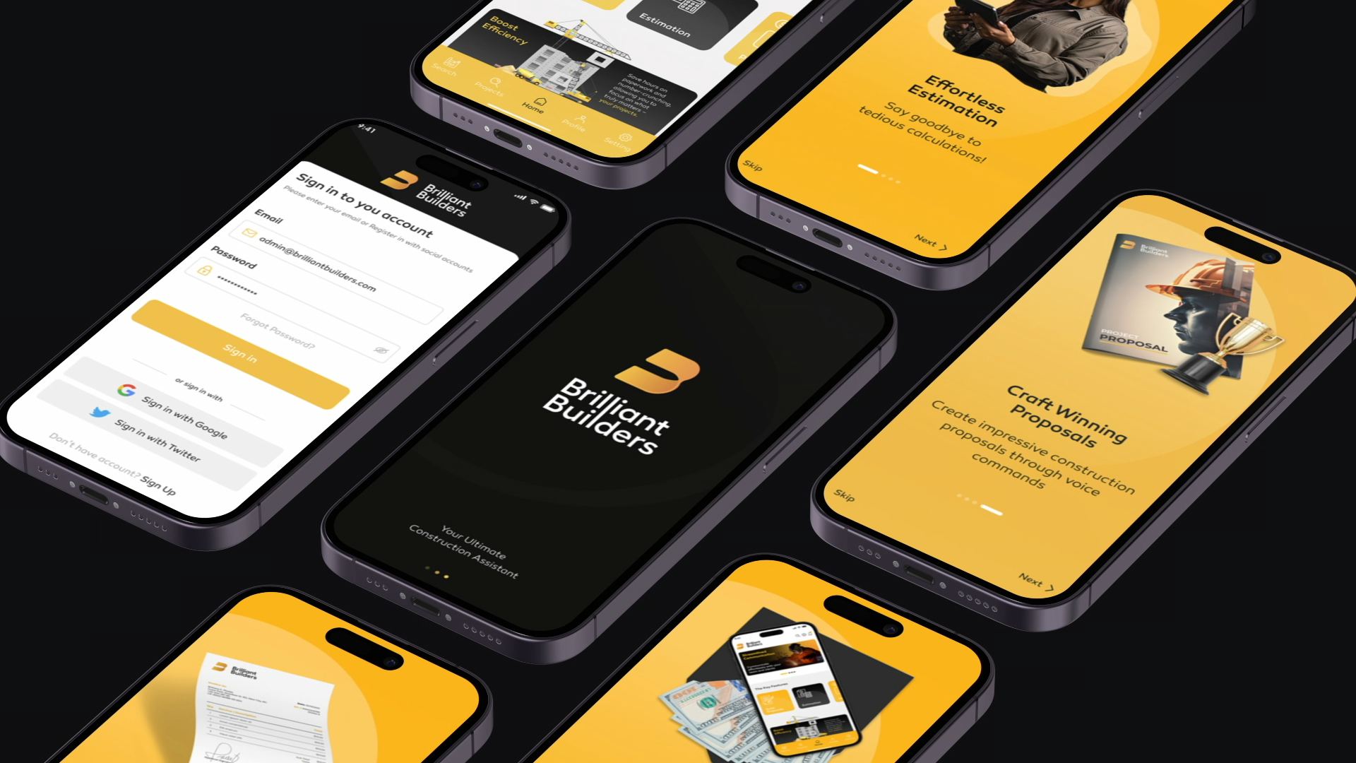 The Brilliant Builders assistant app on several phones